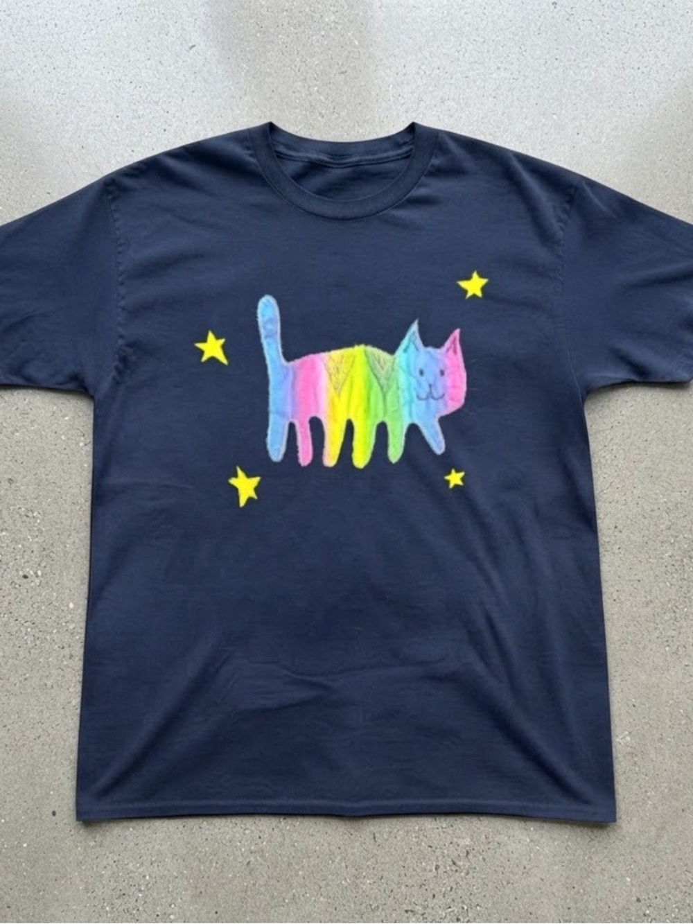 Rainbow Cat Doodle Graphic Navy Blue Gildan T-shirt